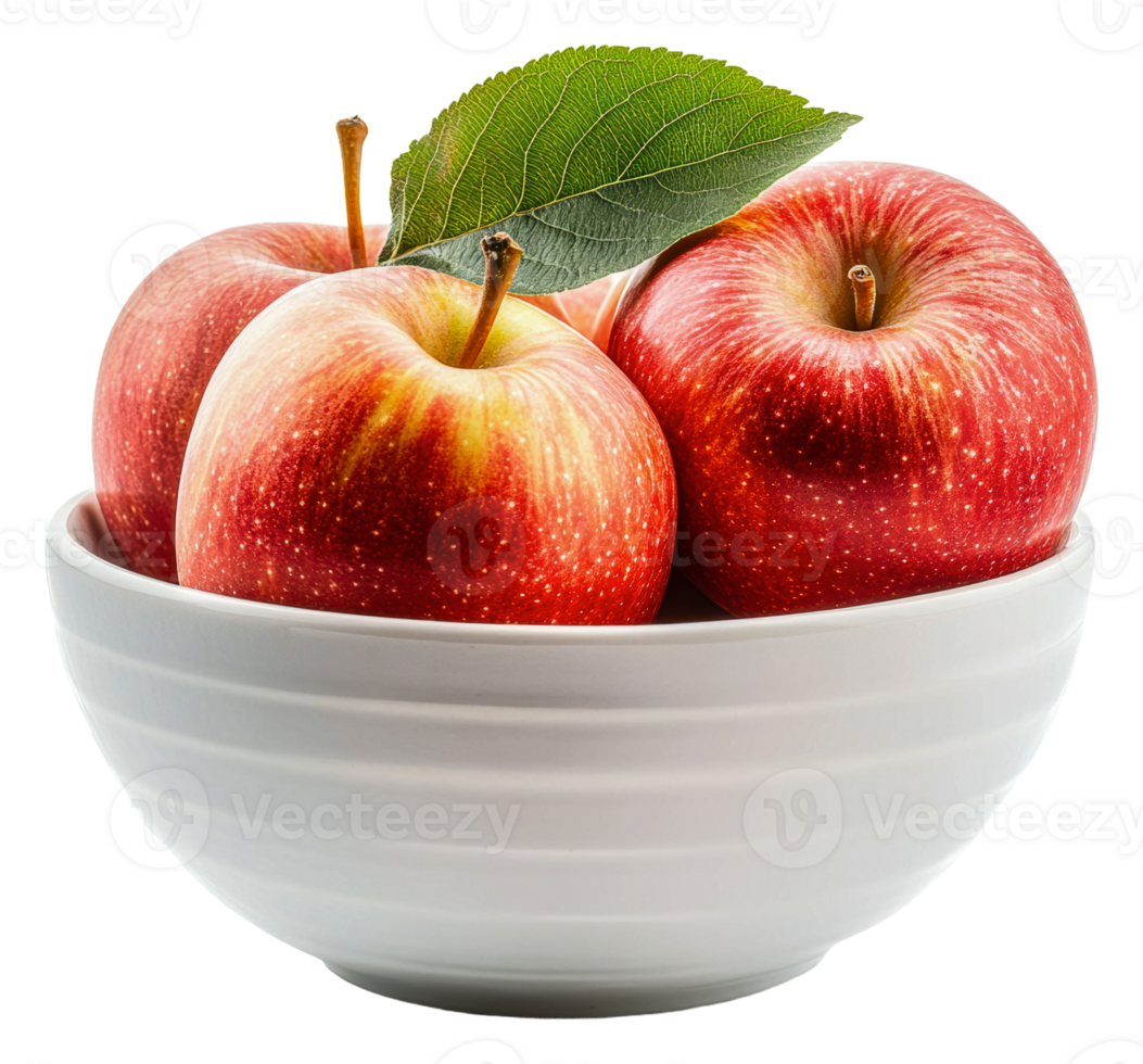 Fresh red apples in a white bowl with a leaf, cut out - stock . png