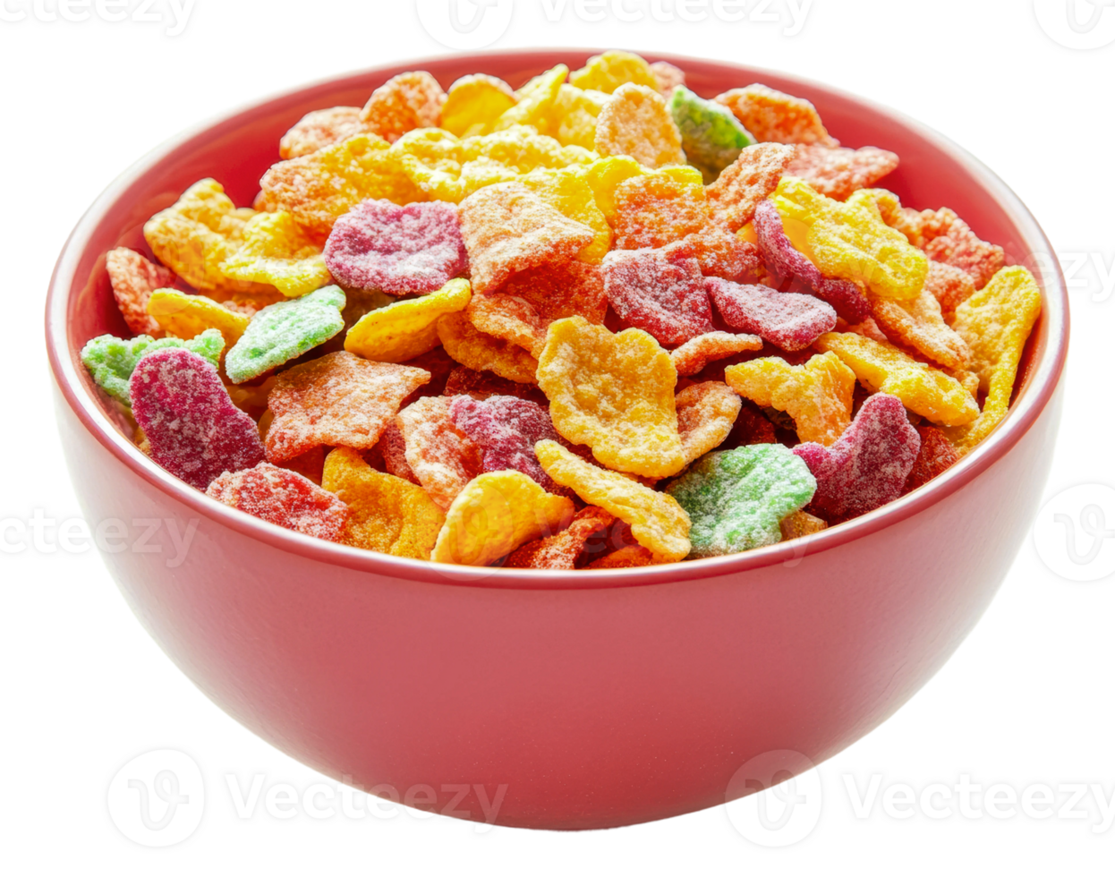 Brightly colored cereal in a red bowl on a table, cut out - stock . png