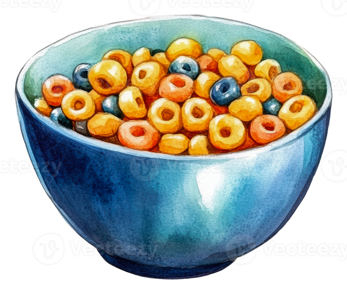 Colorful bowl of cereal with blueberries and rings, cut out - stock . png