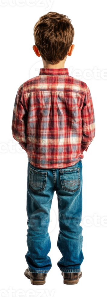Boy in plaid shirt on white backdrop, cut out - stock . png