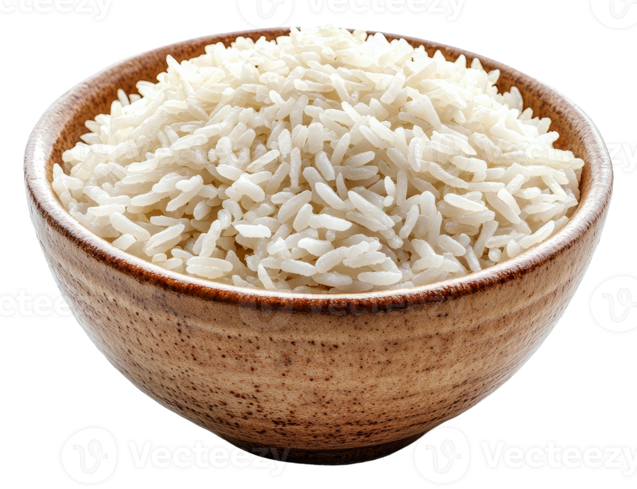 Freshly cooked white rice in a wooden bowl, cut out - stock . png