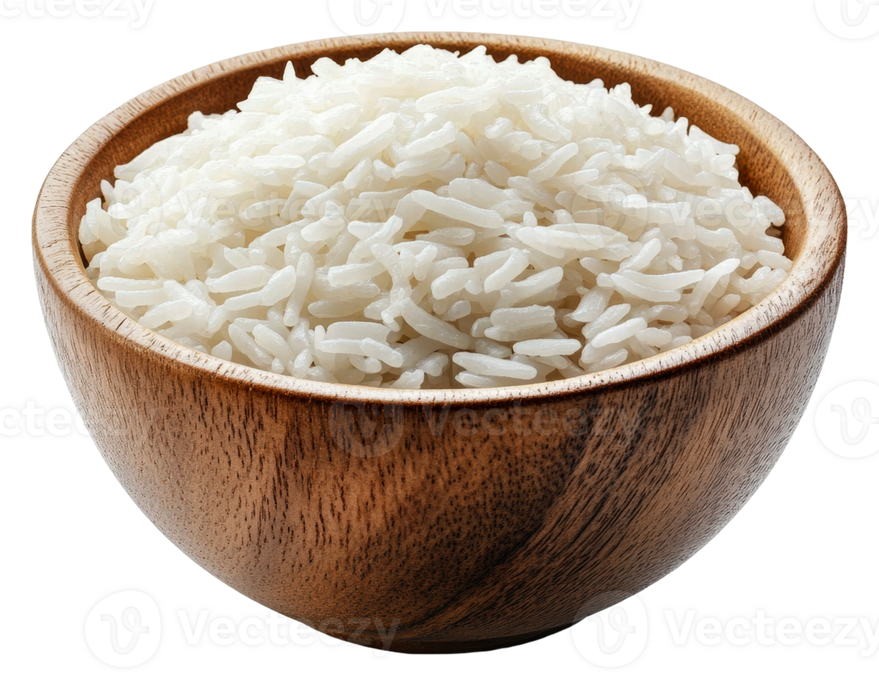 Delicious white rice served in a wooden bowl, cut out - stock . png