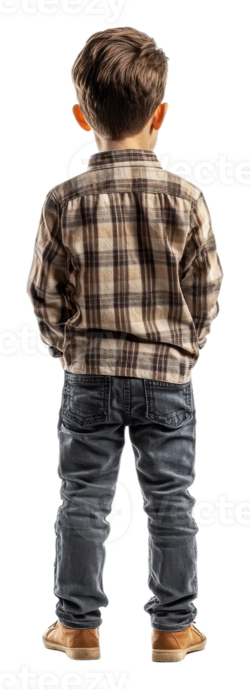 Boy in plaid shirt standing alone indoors, cut out - stock . png