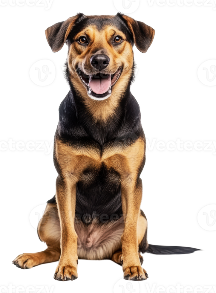 Happy dog sitting on a white background indoors, cut out - stock . png