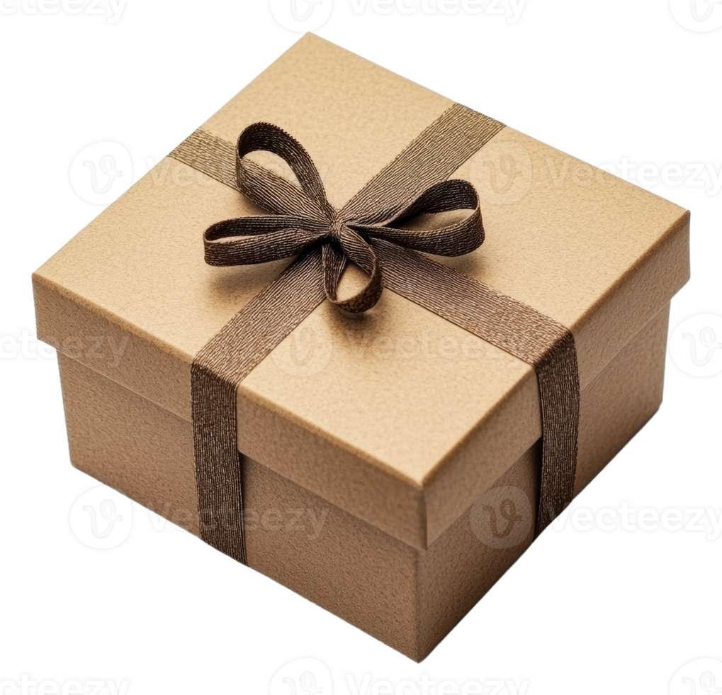 Brown gift box with ribbon for occasions, cut out - stock . png