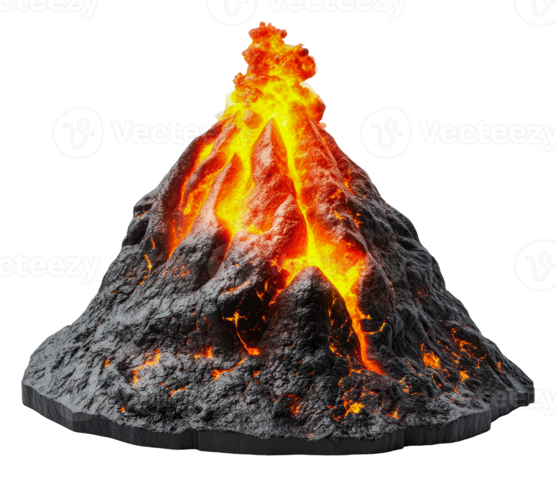 Volcano eruption simulation with bright lava flow, cut out - stock . png