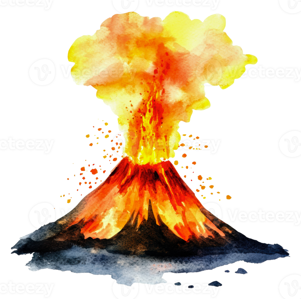 Erupting volcano with vibrant lava and ash plume, cut out - stock . png