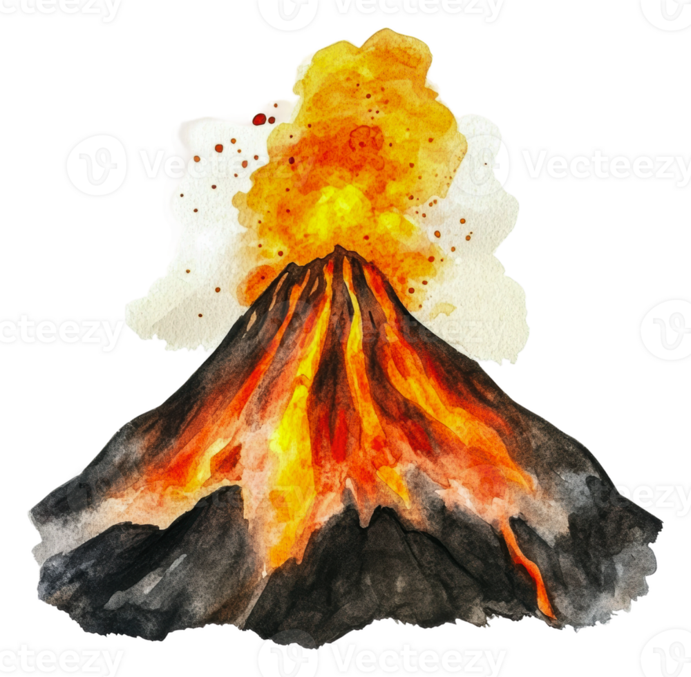 Volcano erupts with lava and ash cloud, cut out - stock . png
