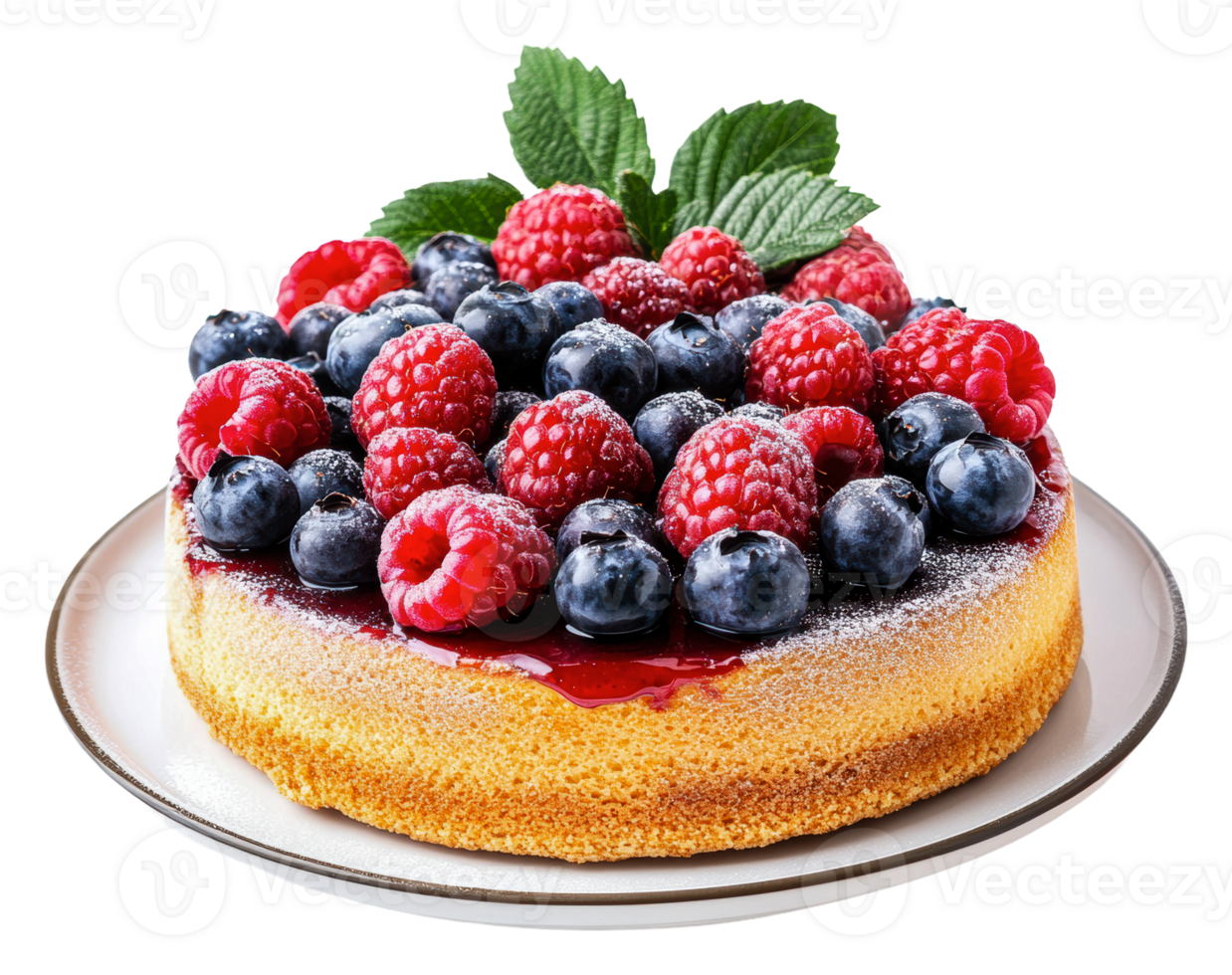 Berry cheesecake with mint garnish, cut out - stock . png