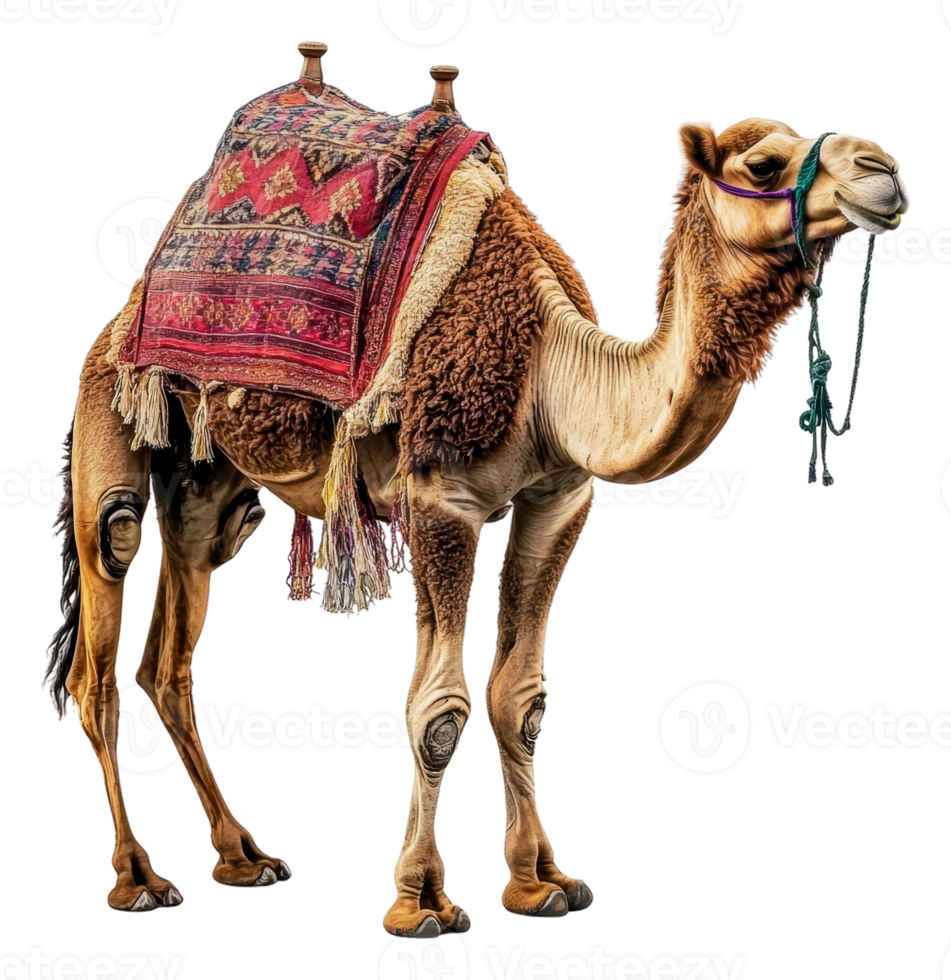 Camel with traditional saddle in desert setting, cut out - stock . png