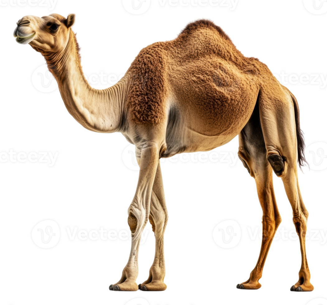 Camel standing gracefully in a desert landscape, cut out - stock . png