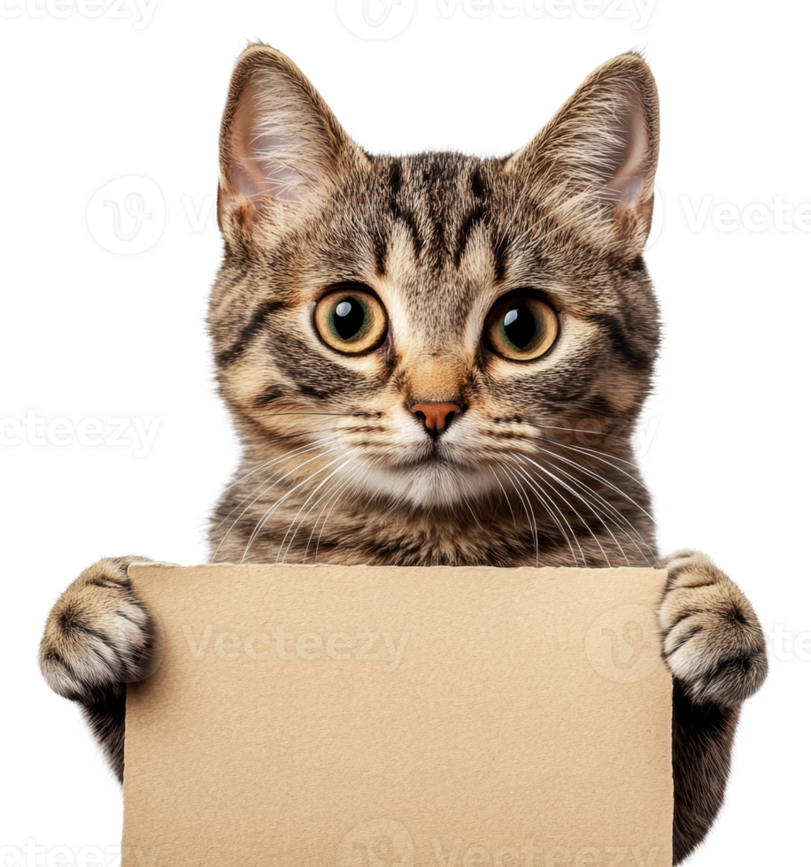 Curious cat holding a blank sign indoors, cut out - stock . png