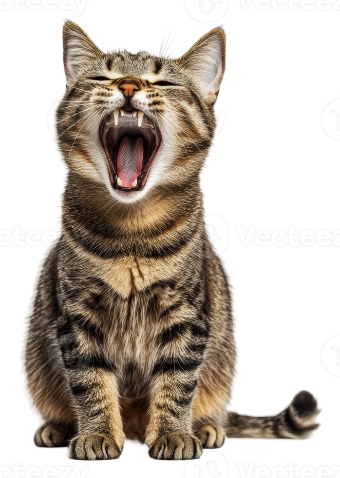 Tabby cat yawning against a white background, cut out - stock . png