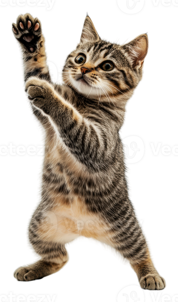 Striped kitten dancing on white, cut out - stock . png