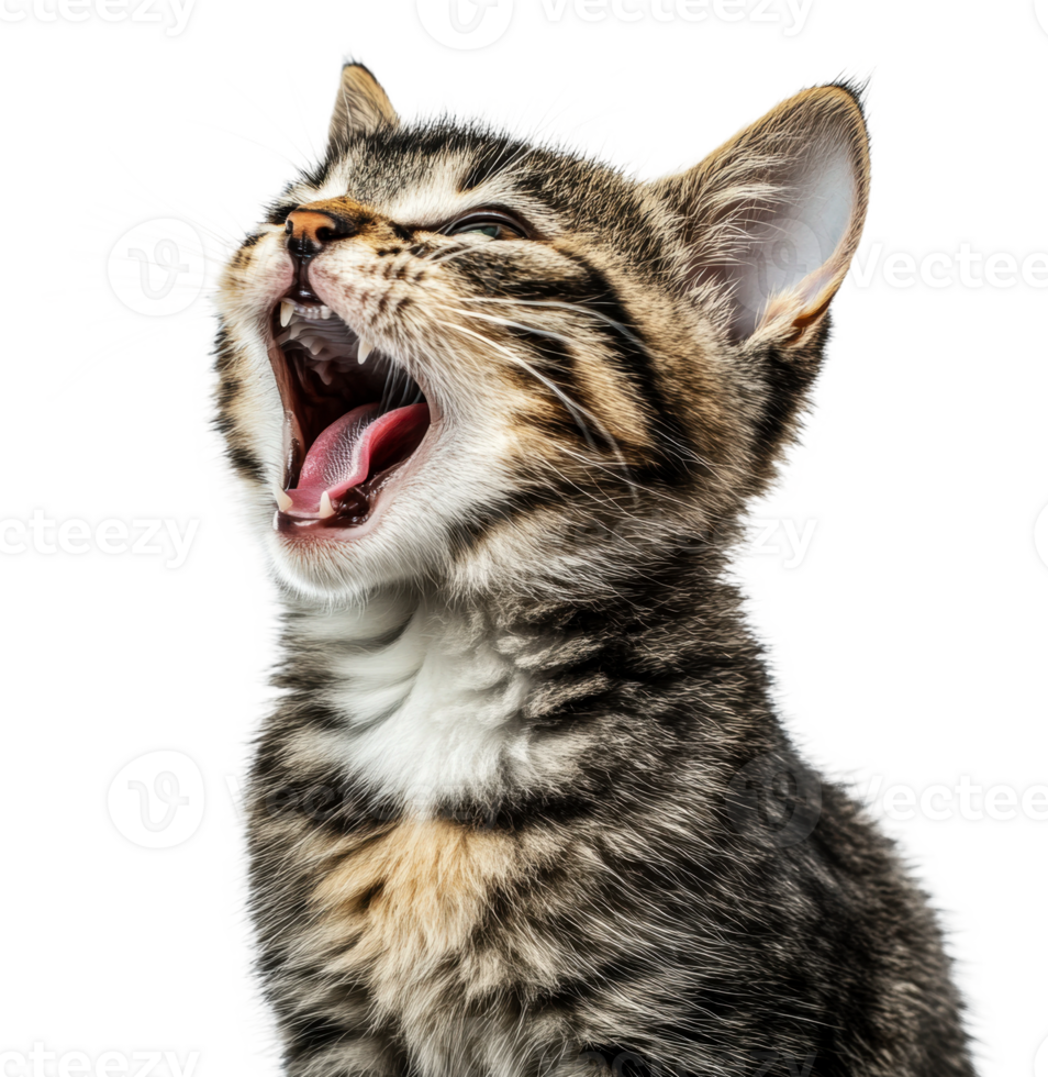 Playful kitten yawning against a white background, cut out - stock . png
