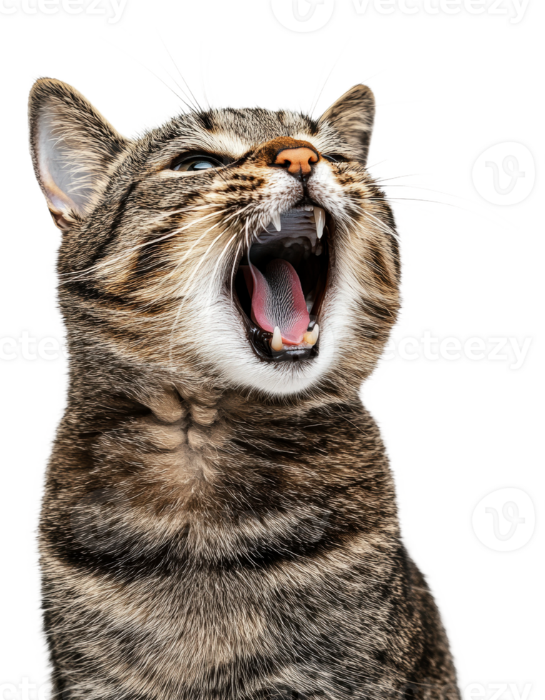 Striped tabby cat yawning with mouth wide open, cut out - stock . png