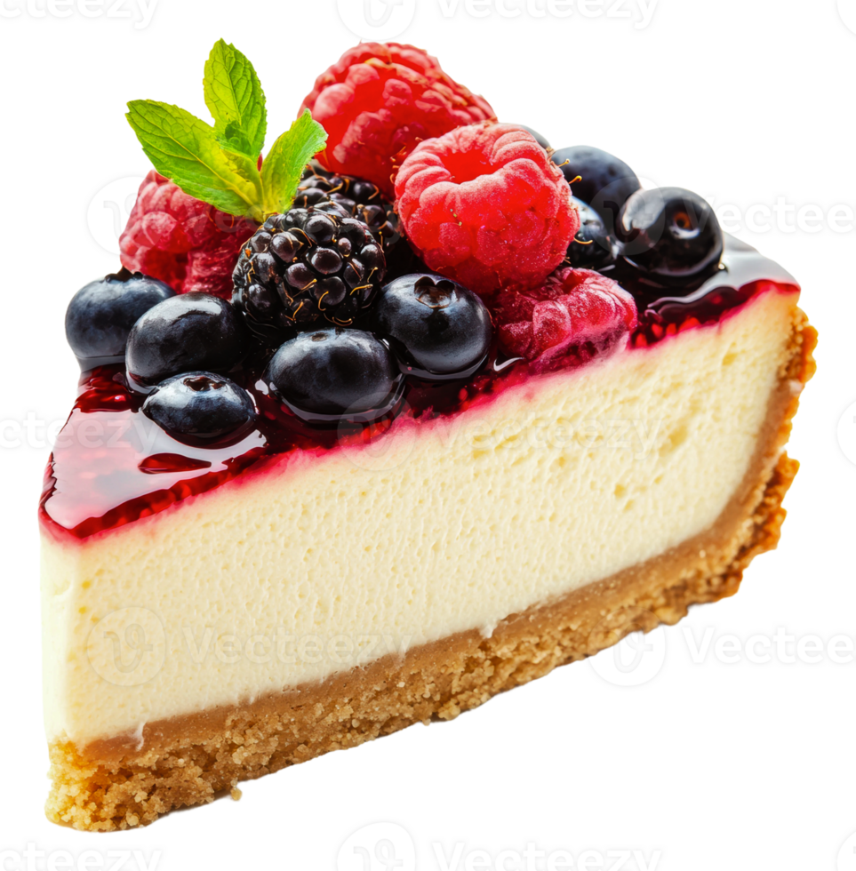 Delicious cheesecake with mixed berries on top, cut out - stock . png