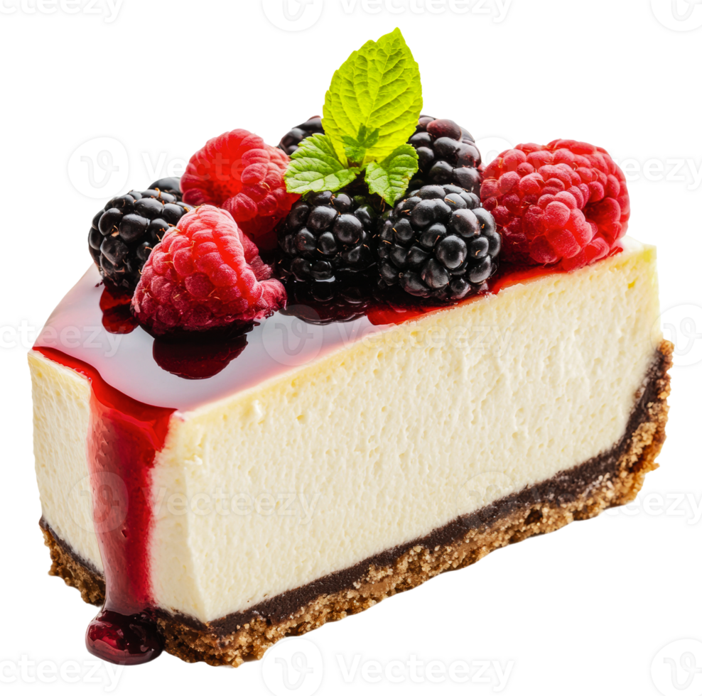 Delicious cheesecake topped with berries and sauce, cut out - stock . png