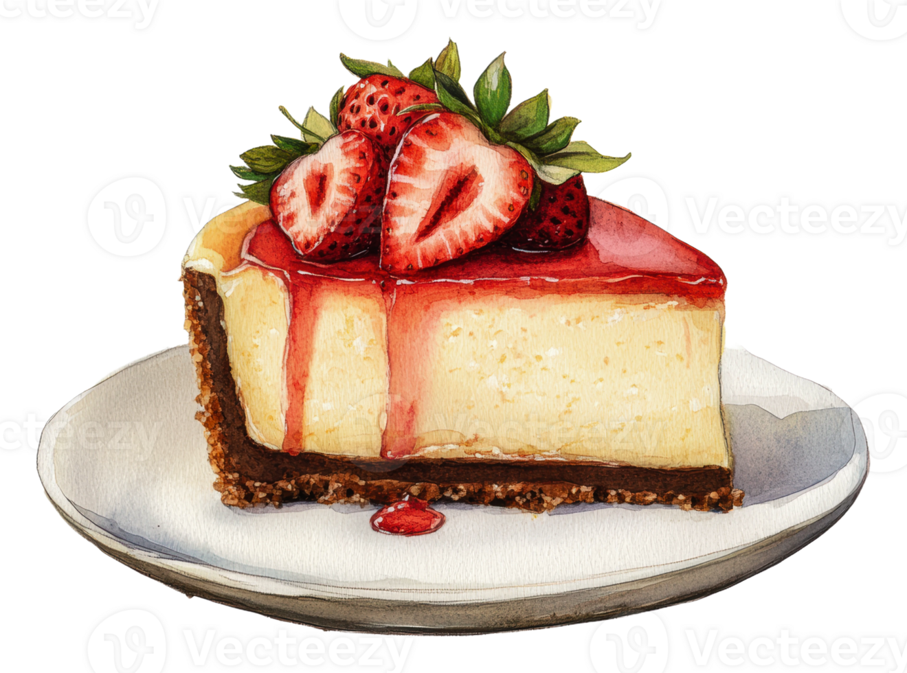 Strawberry cheesecake slice on plate, cut out - stock . png