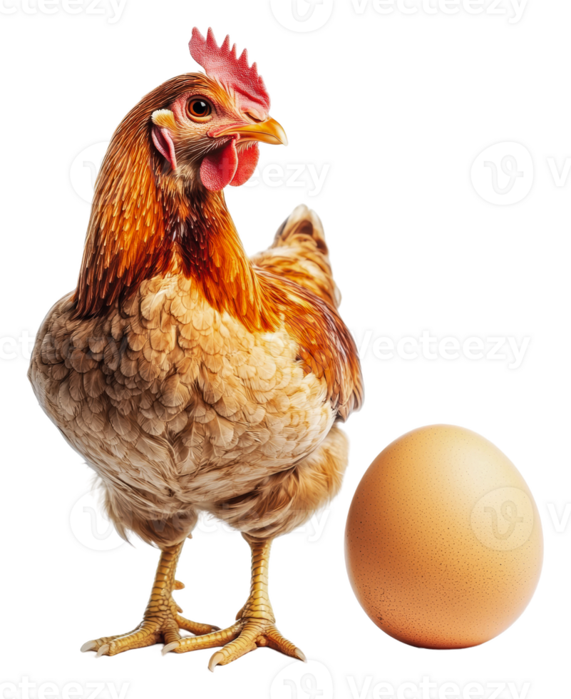 A brown hen stands beside a large, light brown egg, cut out - stock . png