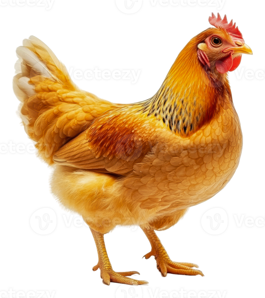 Golden hen standing proudly in a farmyard setting, cut out - stock . png