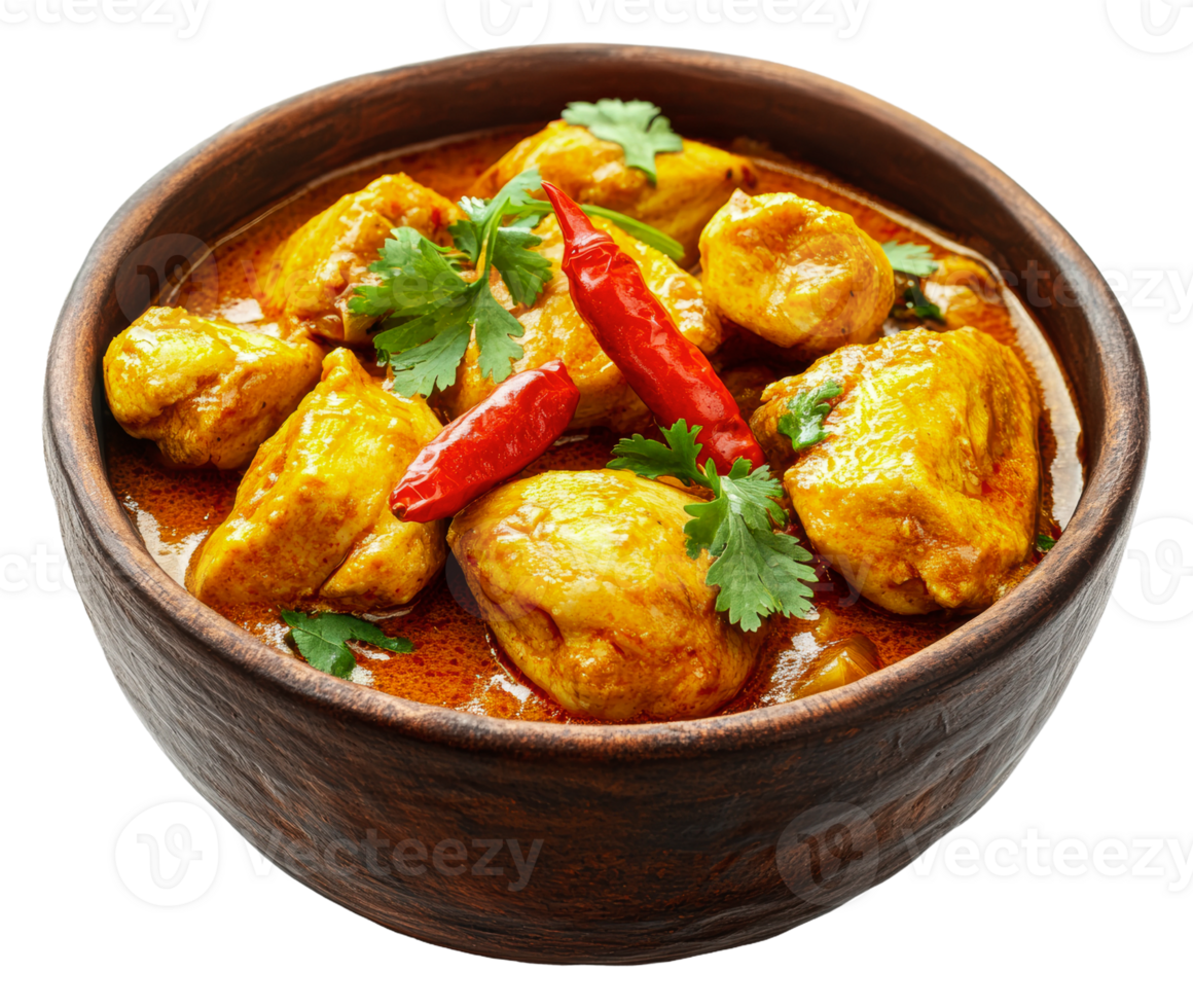 Hearty chicken curry with fresh spices in a bowl, cut out - stock . png