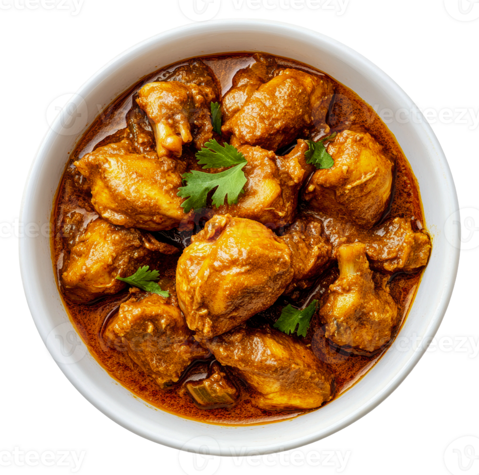 Spicy chicken curry served in a white bowl, cut out - stock . png