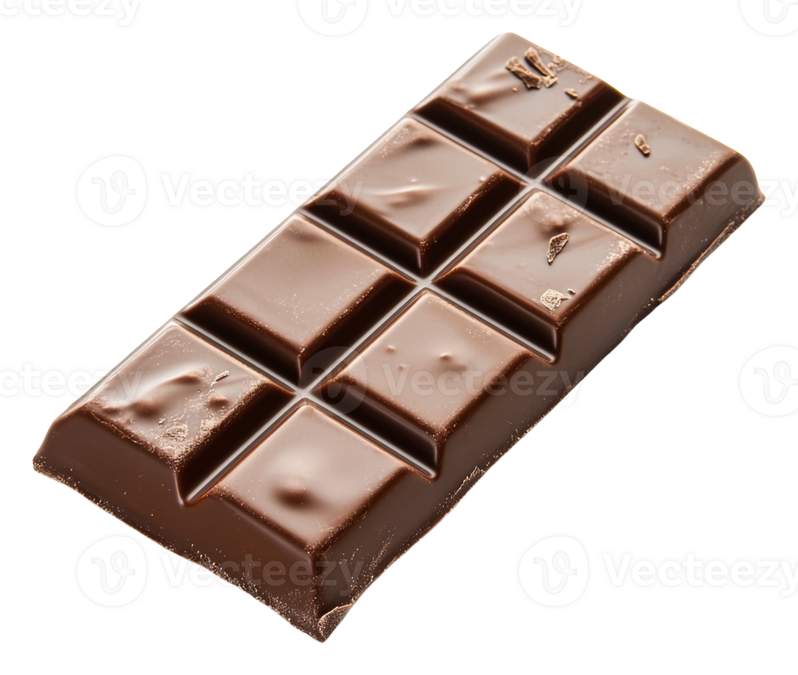 Dark chocolate bar placed on a white surface, cut out - stock . png