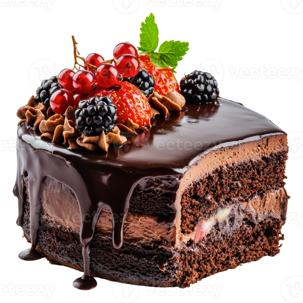 decadente cioccolato torta con frutti di bosco e crema, tagliare su - azione . png