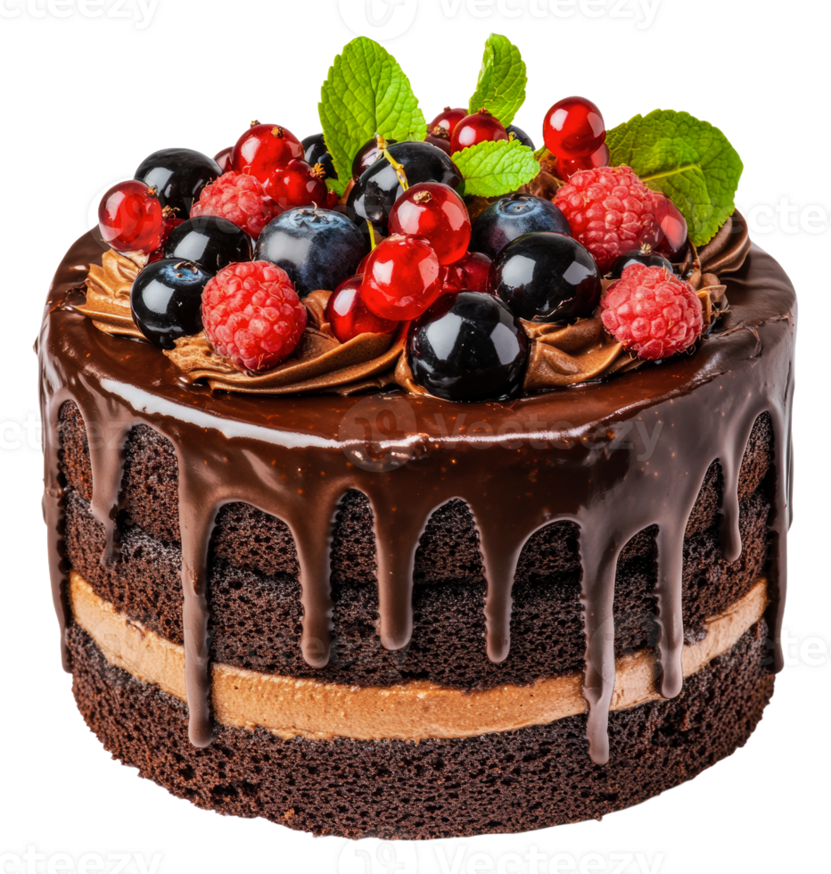 decadente cioccolato torta sormontato con fresco frutti di bosco, tagliare su - azione . png