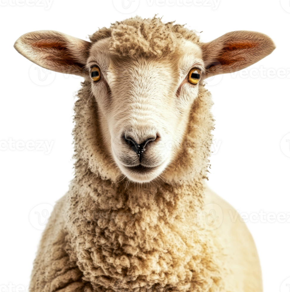 Close-up of a curious sheep in natural light, cut out - stock . png