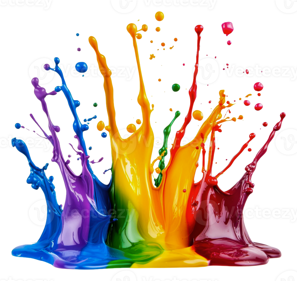 Colorful splashes of paint in vibrant rainbow hues, cut out - stock . png