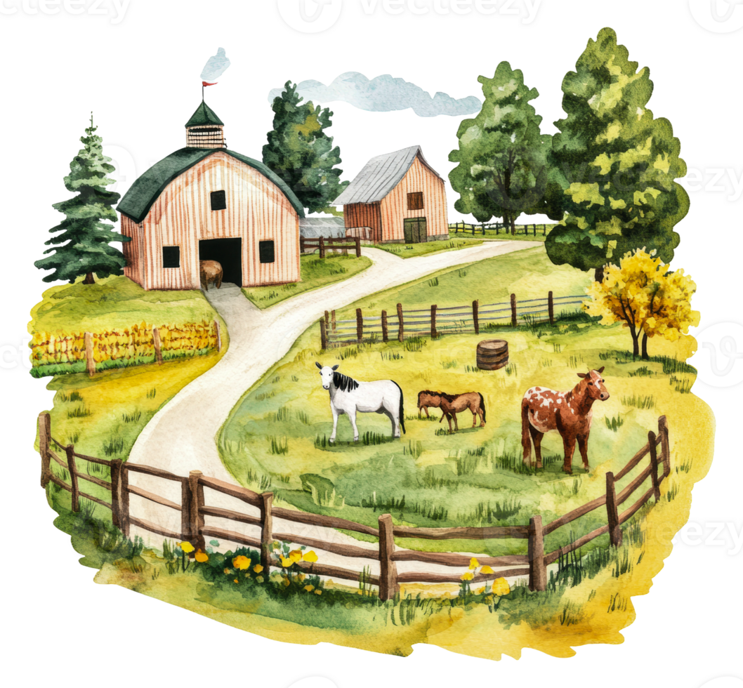Charming farm landscape with animals and barns, cut out - stock . png