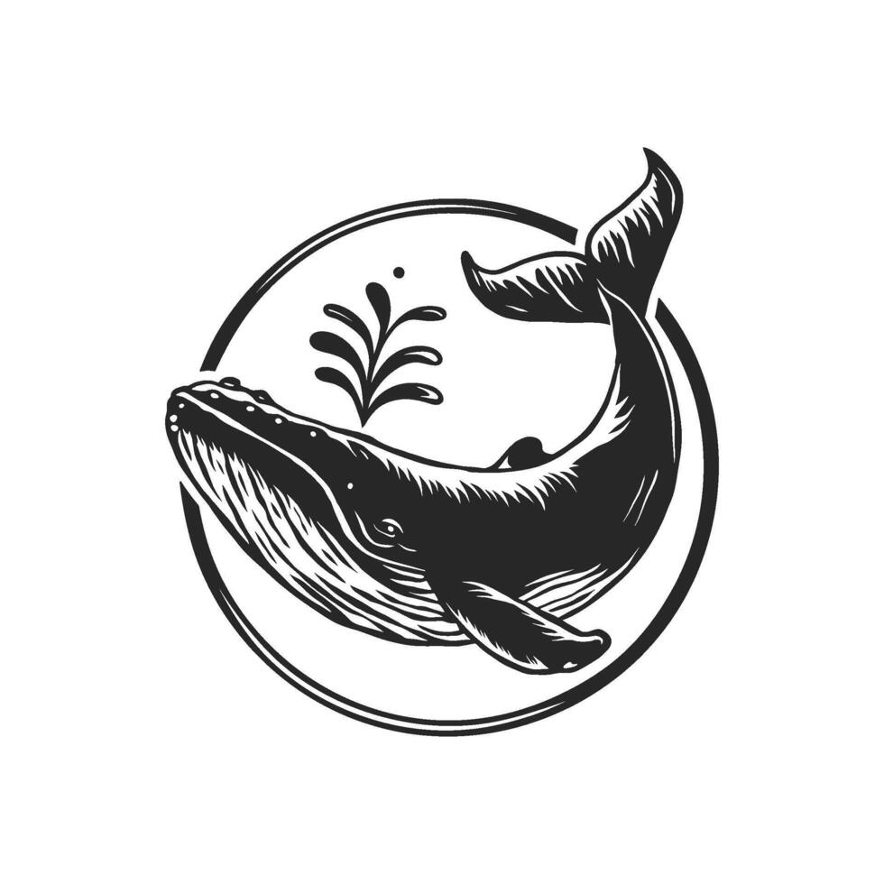 A vintage-style black and white illustration of a leaping humpback whale in a circular frame vector