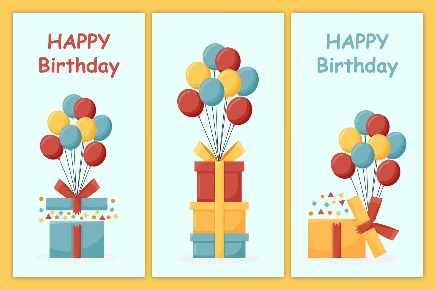 birthday, holiday, christmas greeting and invitation card. there are balloons, gift boxes, confetti. illustration. vector