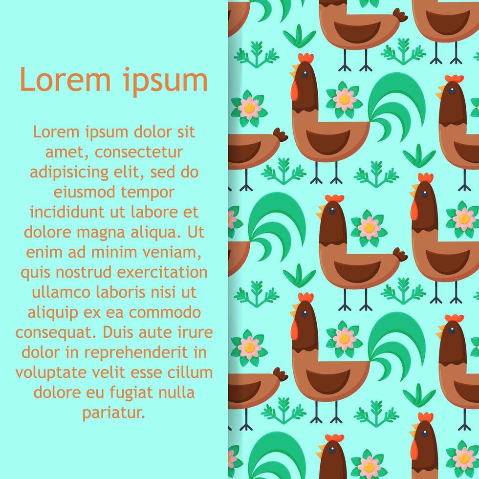 Seamless pattern with bird - chicken and grass illustration for wallpaper and food background. vector