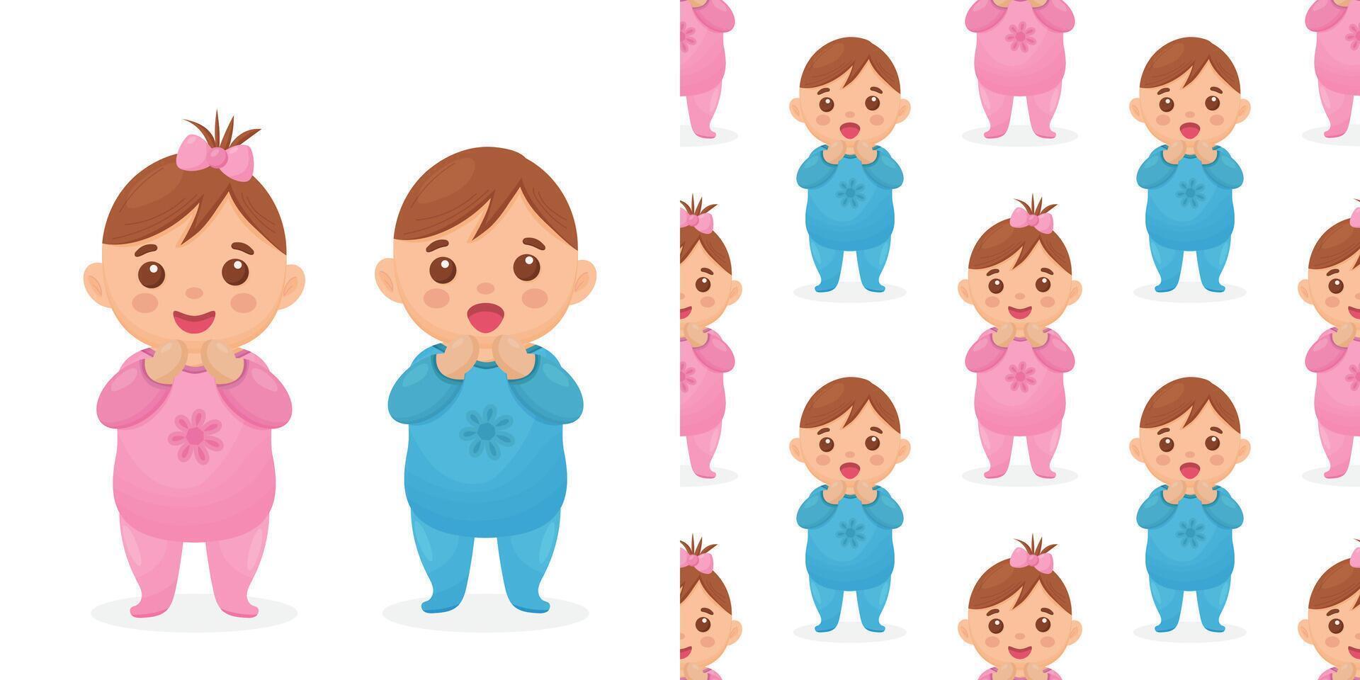 wo cute twin babies, a baby girl and a baby boy. Seamless pattern with an image of a baby girl and boy. vector
