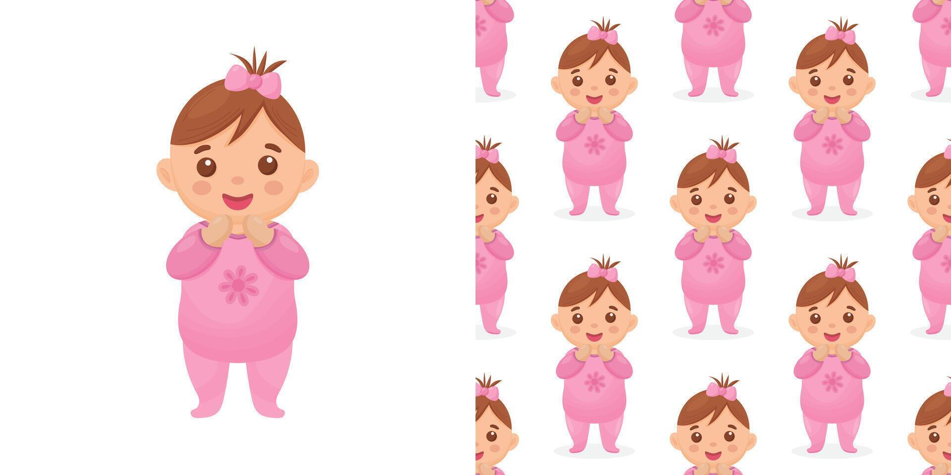 Cute cartoon baby girl isolated on a white background. Seamless pattern with an image of a baby girl. vector