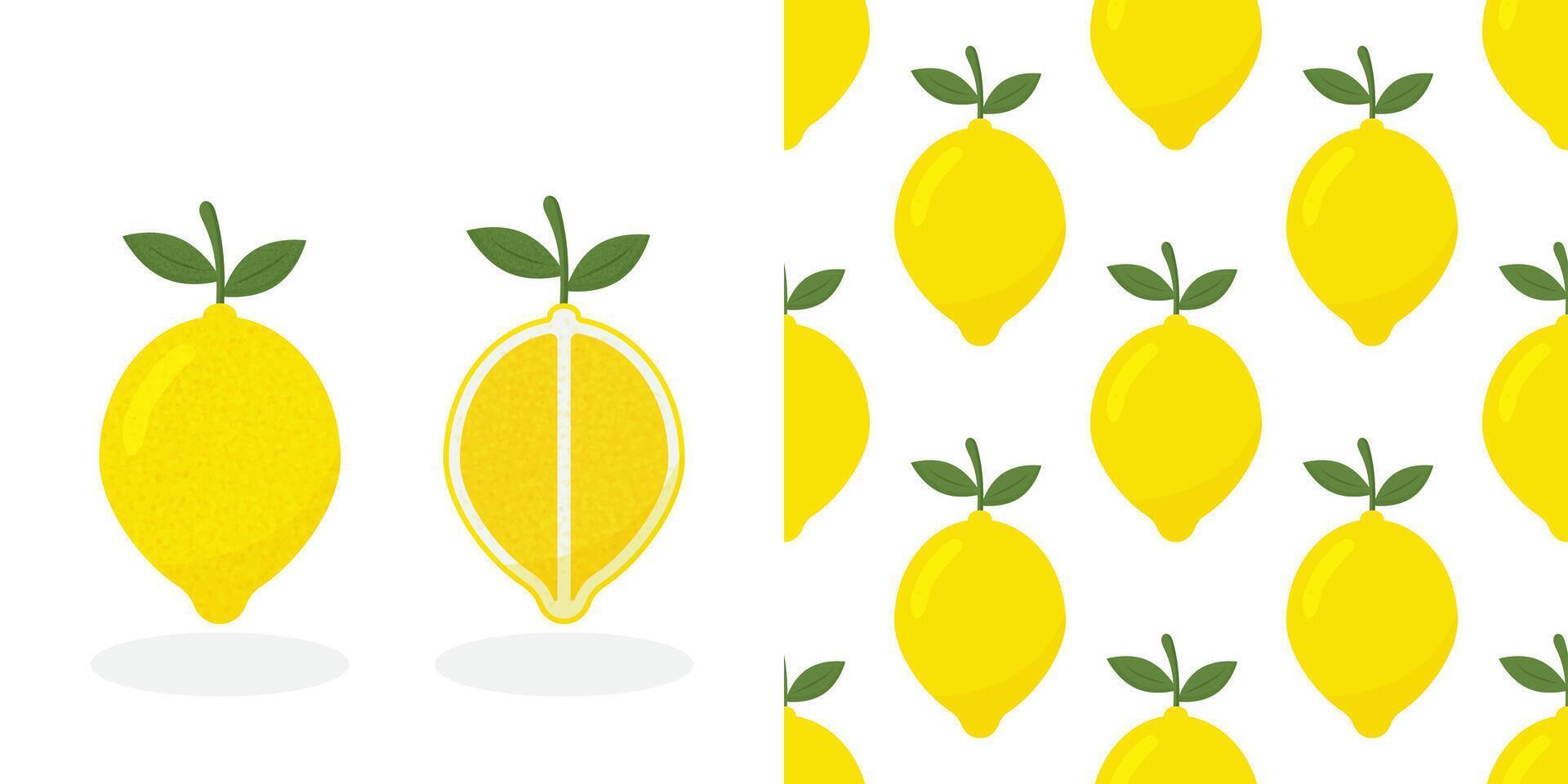 Fresh lemon fruits, collection of illustrations.Tropical seamless pattern with yellow lemons. Fruit repeated background. bright print for fabric or wallpaper vector