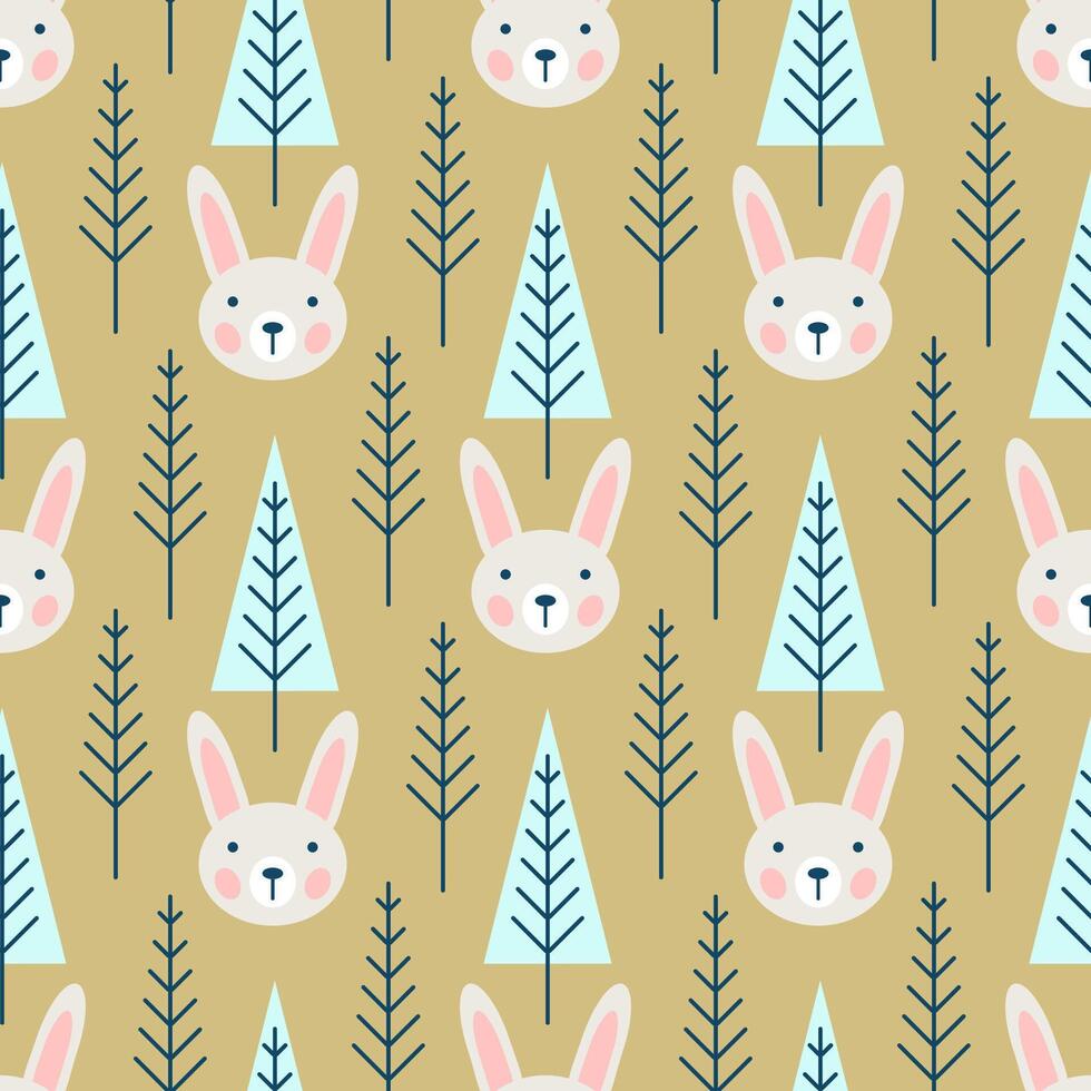Cute hand drawn nursery seamless pattern with wild animals hare and trees in scandinavian style. vector