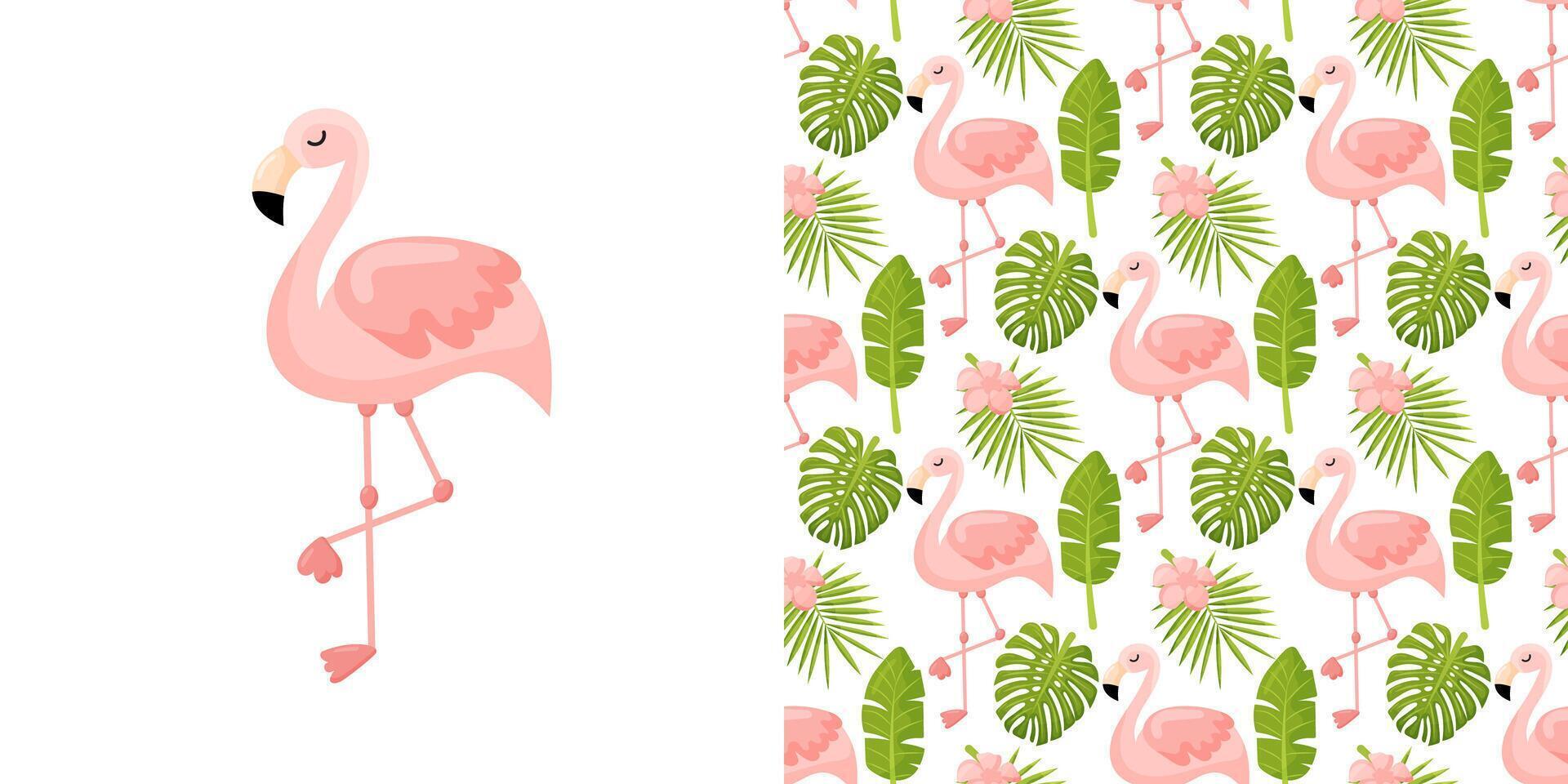 Pink flamingo illustration isolated on white background. Beautiful seamless floral summer pattern background with tropical palm leaves, flamingo, hibiscus. vector