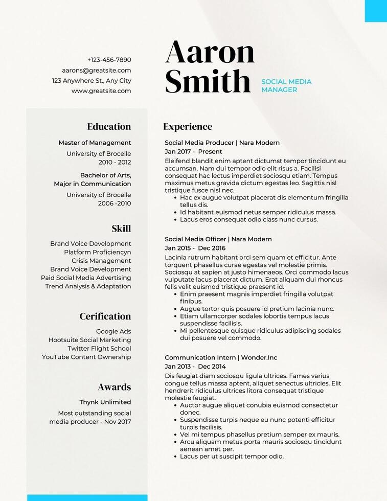 Minimalist Social Media Manager Resume template