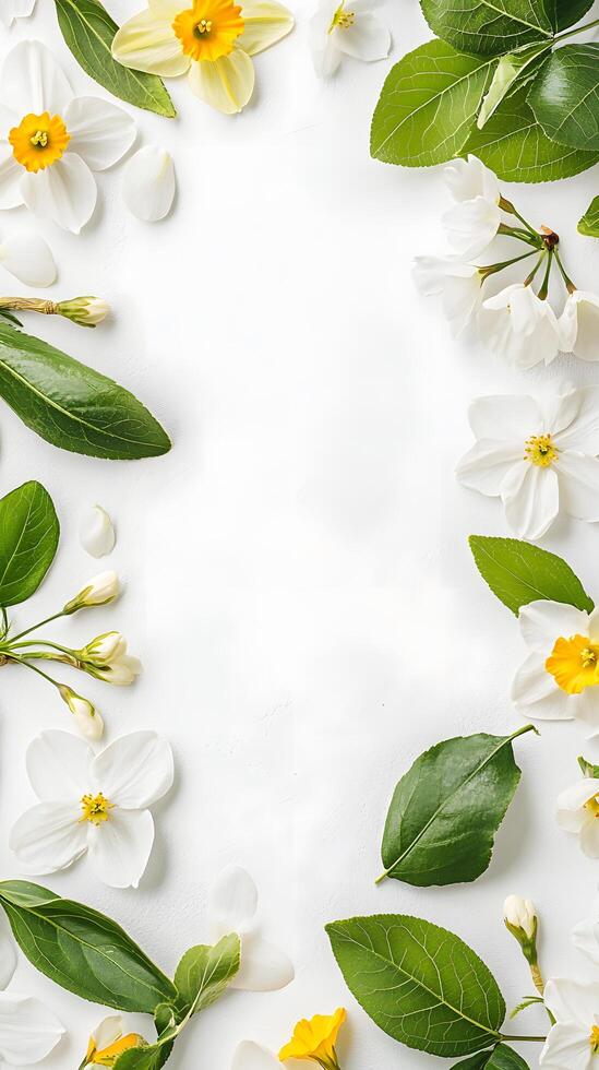 Spring flat lay cherry blossoms daffodils green leaves vibrant pastels hyperrealistic natural textures white surface photo