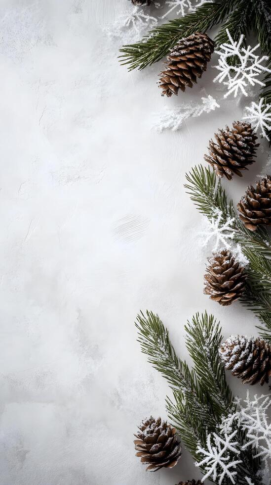Winter flat lay pine cones evergreen branches snowflakes hyperrealistic cozy aesthetic natural textures depth shadows photo