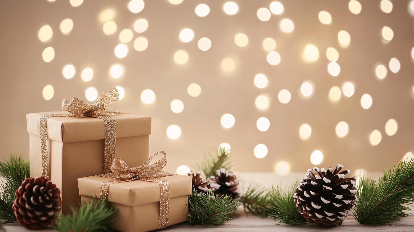 Gift boxes and fir branches on a wooden table with lights photo