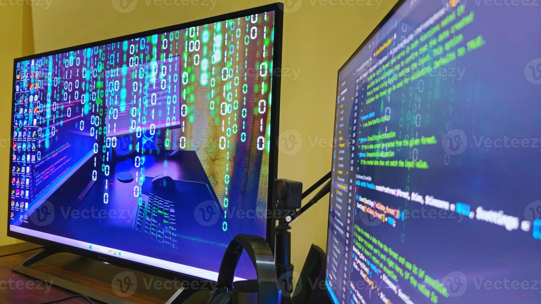 Two large monitors with code on them photo