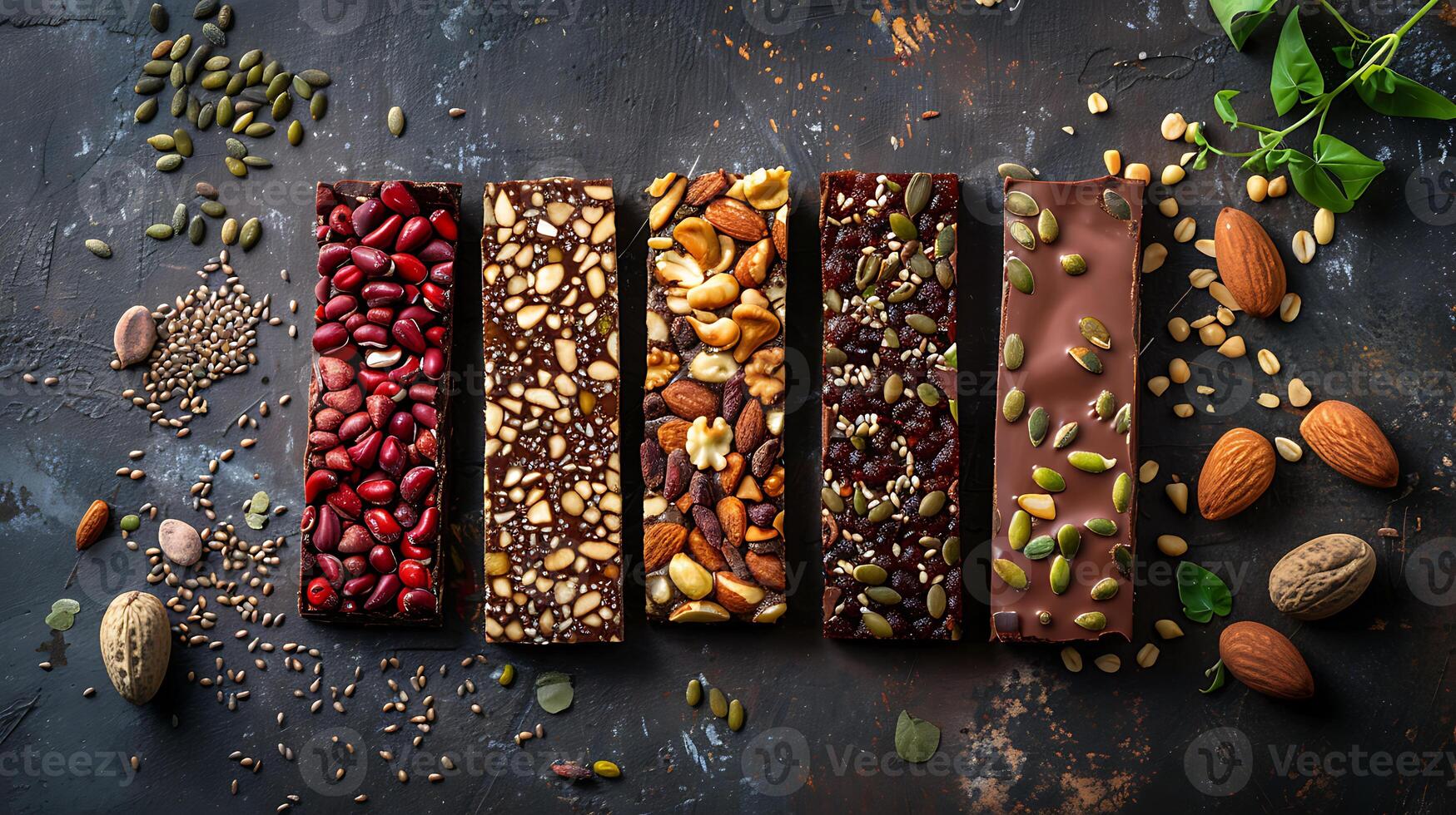 Appetizing sweet energy bars with nuts and seeds covered with chocolate on dark background photo