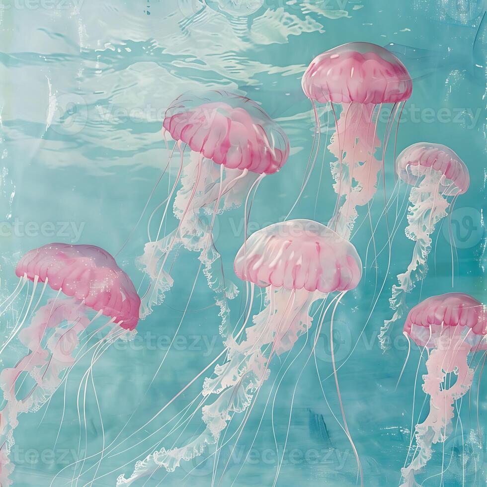 A serene group of pink jellyfish floats in the calm waters, closeup photo