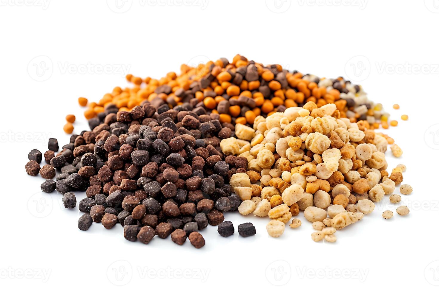 Some granules of pet food isolated on white background, side view photo