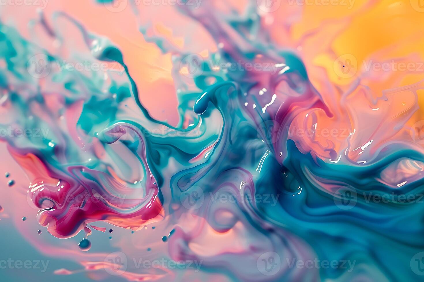 Photo of beautiful abstraction of liquid paints in slow blending flow mixing together gently